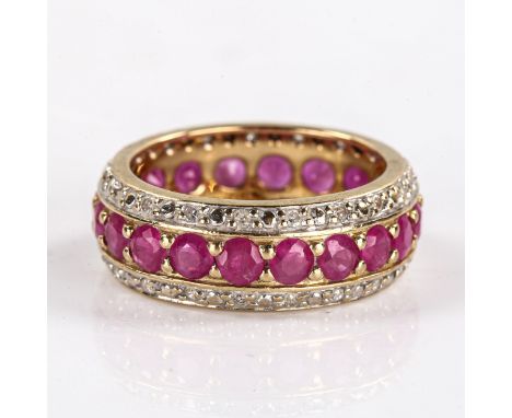 A modern 9ct gold ruby and diamond full eternity band ring, set with round cut rubies and single cut diamonds, total diamond 