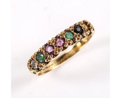 A late 20th century 9ct gold DEAREST ring, set with diamond, emerald, amethyst, ruby, emerald, sapphire and topaz, setting he