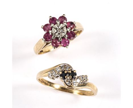 2 x 9ct gold gem-set rings, gemstones include diamond, ruby and sapphire, sizes K and R, 4.7g total (2)No damage or repair, a