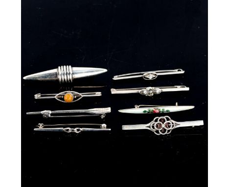 8 silver brooches, including enamel and amber examples (8)No damage, amber slightly abraded, brooch fittings working, marks g