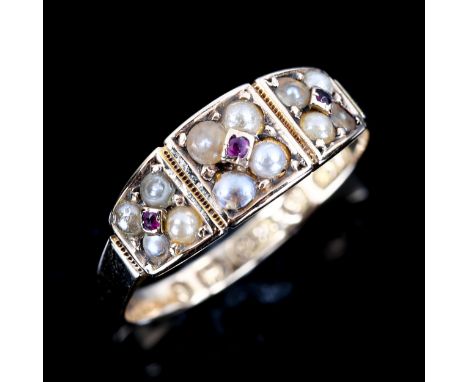 A Victorian 15ct gold ruby and pearl dress ring, maker's marks O & Co, hallmarks Birmingham 1879, setting height 6.5mm, size 