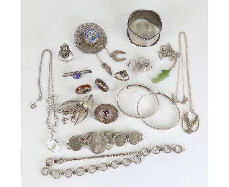 Various silver jewellery, including Indian handpainted enamel brooch, napkin ring, coin bracelet, thistle brooch, etc, 115g g