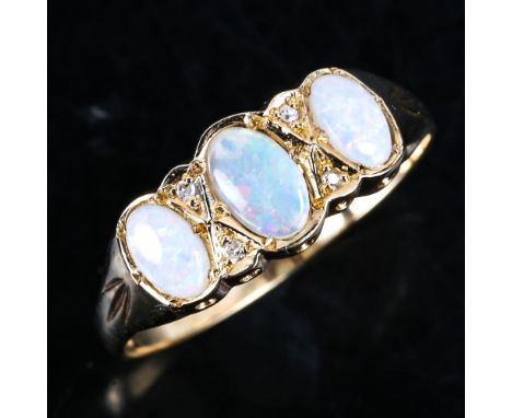 A late 20th century 9ct gold 7-stone opal and diamond half hoop ring, set with oval cabochon opals and single cut diamonds, h