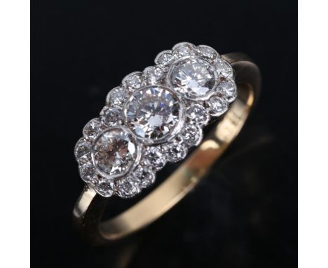 A mid-20th century 18ct gold diamond triple cluster ring, set with modern round brilliant cut diamonds, total diamond content