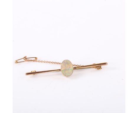 An early 20th century 9ct gold opal bar brooch, set with oval cabochon opal, opal dimensions: 11.70mm x 8.35mm x 2.12mm, broo