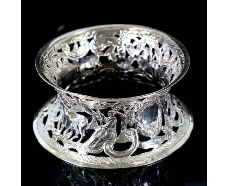 An Edwardian Irish silver dish ring, pierced and relief embossed farmyard scene, by James Wakely and Frank Clarke Wheeler, ha