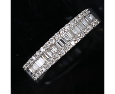 A modern 18ct white gold diamond cluster half hoop band ring, set with baguette and round brilliant diamonds, total diamond c