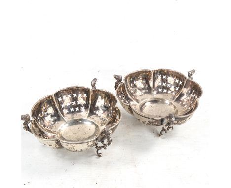 A pair of Victorian silver bowls, lobed form with pierced decoration and monopodia supports, by Minshull & Latimer, hallmarks