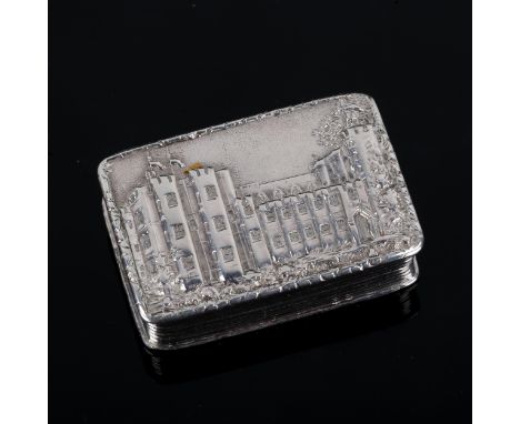 NATHANIEL MILLS - a William IV silver 'Castle-top' vinaigrette, Kenilworth Castle, rectangular form with raised lid scene, en