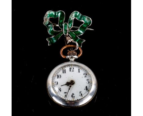 A lady's Continental green enamel lapel fob watch, white enamel dial with Arabic numerals, engine turned green enamel casebac