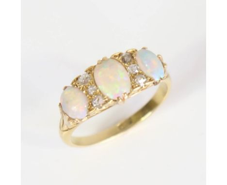 An early 20th century 18ct gold 7-stone opal and diamond half hoop ring, set with oval cabochon opals and old cut diamonds, s