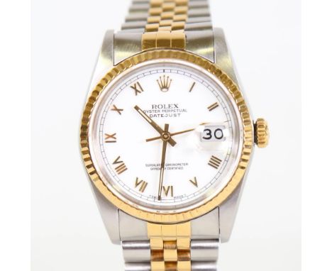 ROLEX - a bi-metal Oyster Perpetual Datejust automatic bracelet watch, ref. 16233, circa 1987, white dial with gold Roman num