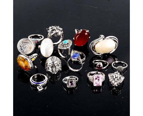 Various silver gem-set rings, 96g total (17)Lot sold as seen unless specific item(s) requested. 