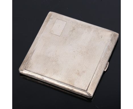An Art Deco George VI square silver cigarette case, allover engine turned decoration with gilt interior, by S Blanckensee & S