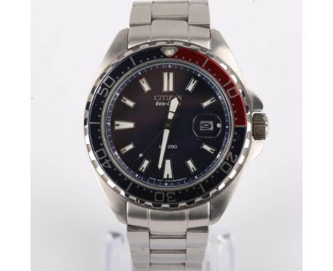 CITIZEN - a stainless steel Eco-Drive WR200 Pepsi quartz bracelet watch, ref. E110-S036631, blue dial with baton hour markers