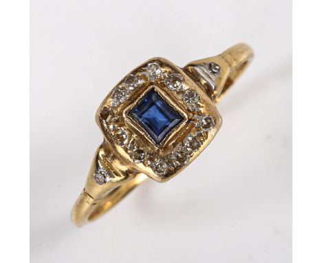 An Antique 18ct gold sapphire and diamond square cluster ring, set with rectangular step-cut sapphire and single-cut diamonds