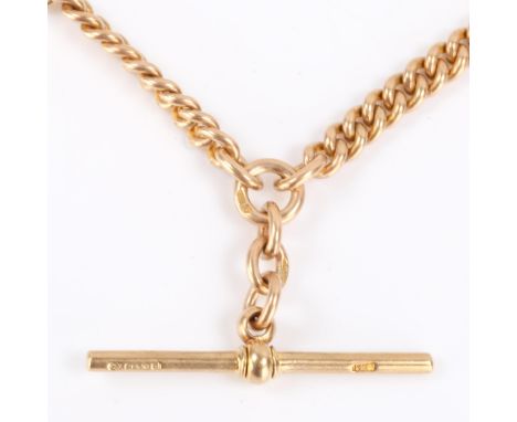 An Antique 9ct gold graduated curb link Albert chain necklace, with dog clip, T-bar and spring clasp, maker's marks JM, hallm