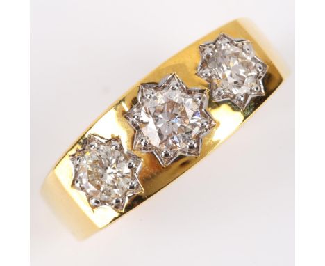 A large Antique style 9ct gold 3-stone diamond gypsy ring, set with modern round brilliant cut diamonds, total diamond conten