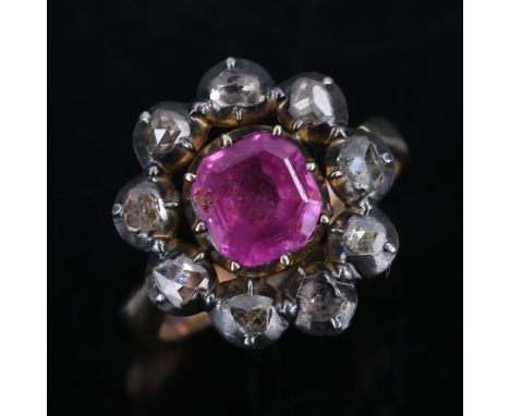 A Georgian ruby and diamond cluster ring, unmarked gold closed back settings with square emerald cut ruby and rose cut diamon