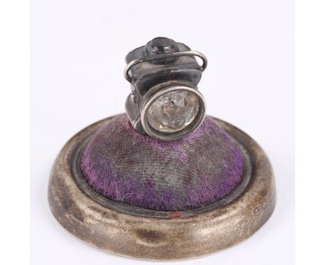 A rare George V novelty silver railway lantern pin cushion, circular base with purple velvet and paste inset lantern, by Arth