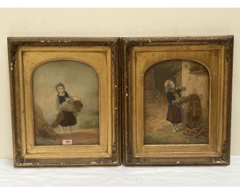 A pair of Victorian gilt gesso frames with arched slips. Each containing a sentimental print. 20½' x 17¼'