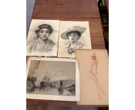 Two Victorian pencil portraits signed R.W. Young; a 19th century drawing, man o' war in an estuary signed R.A.Beer and a cont