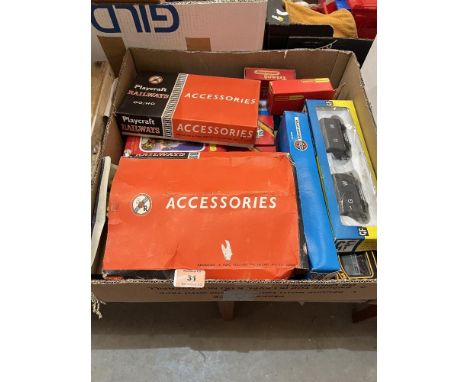 Two boxes of model railway; train sets etc.