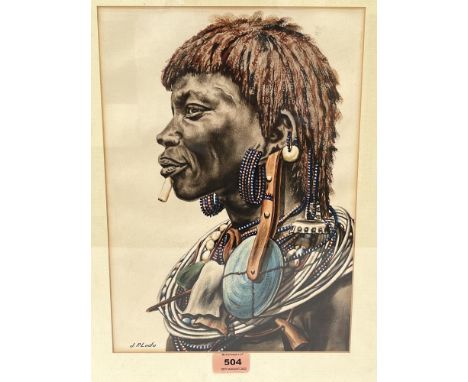 J.P. LUDU. UGANDAN 1925-1965 Portrait of a warrior. Signed. Watercolour 13½' x 9½