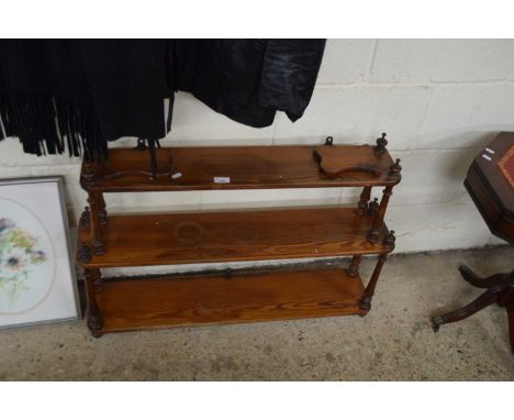 LATE 19TH CENTURY PINE THREE TIER SHELF WITH TURNED SUPPORTS, 90CM WIDE