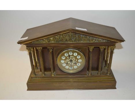 LATE 19TH CENTURY BRASS CASED MANTEL CLOCK SET IN ARCHITECTURAL CASE WITH CORINTHIAN COLUMN SUPPORTS
