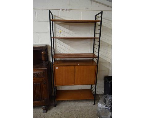 VINTAGE LADDERAX TEAK AND METAL FRAMED SHELF UNIT WITH CENTRAL CUPBOARD, 93CM WIDE