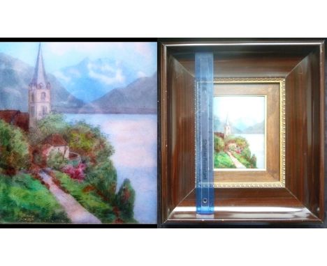 R Restoueix, Passage du Jura, Limoges enamel plaque&nbsp;&nbsp;on copper, framed 15 x 11cm