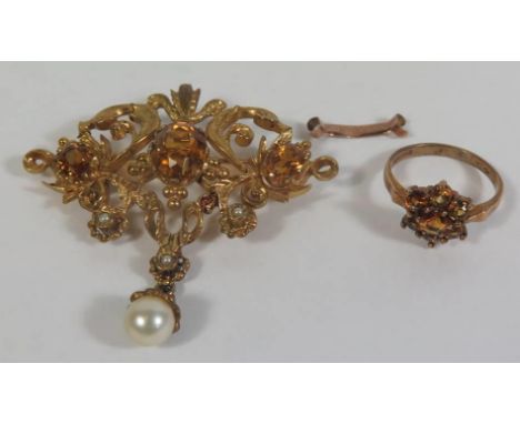 A 9ct Gold, Citrine and Pearl Brooch, 9ct gold citrine cluster ring (size K.5) 14.1g 