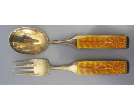 An A. Michelsen Silver Gilt and Enamel Spoon and Fork, 1967, 93g 