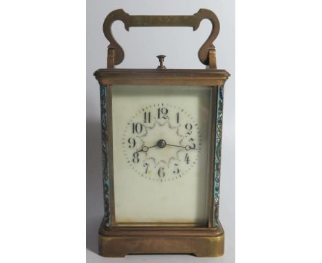 A French Brass and Enamel Repeating Carriage Clock, 18cm to top of handle, running and repeat working 