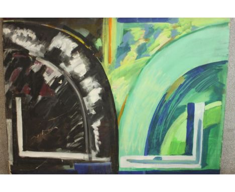 After Richard Smith, a large abstract oil on canvas in green and black with arched forms, signed R. Smith to the back. W.122 