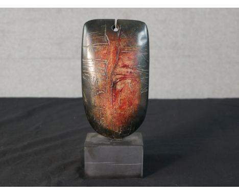Peter Hayes (b.1946), ceramic sculpture totem. Textured and incised, pierced to top, on signed stepped slate base. H.21 W.9 D