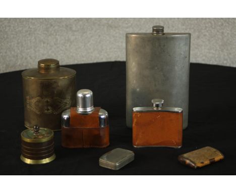 A collection of hip flasks, boxes and other items, including, a Georgian tortoiseshell and mother of pearl snuff box, a pewte