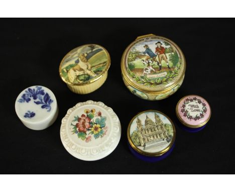 Six porcelain and enamel trinket boxes, including a Halcyon Days 'Game Shooting' box. H.3 Dia.cm. (largest) 