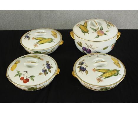 A set of four Royal Worcester Evesham pattern flameproof porcelain tureens, three smaller and one larger. H.15 Dia.28cm. (lar