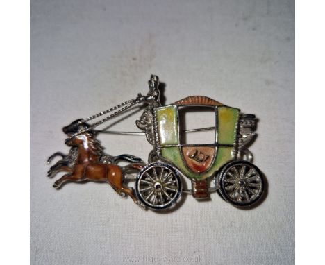 A delightful finely crafted vintage costume jewellery metal and enamel brooch formed as an 18th century style coach and horse