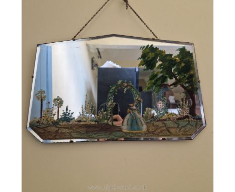A pretty 1920s mirror painted with a garden scene 19" width.