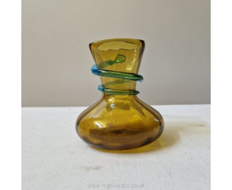 A small art nouveau glass vase in the manner of Kralik, amber glass with blue threading to the neck- early 20th century; 3 1/