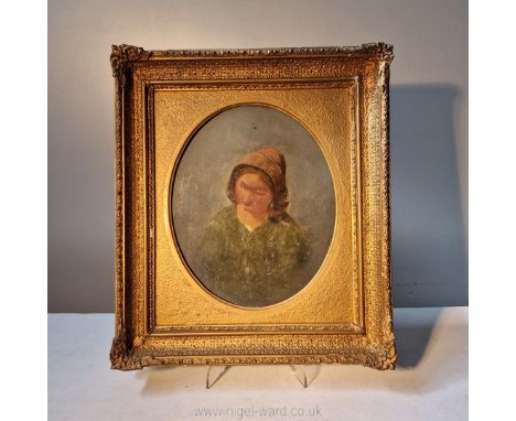 Dutch school late 19th century, a head and shoulders portrait of a girl in a bonnet, oil on card in a contemporary gilt gesso