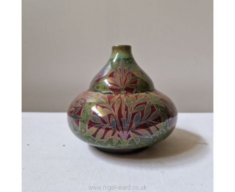 A highly collectible Pilkington's Royal Lancastrian double gourd vase, decorated in red and green lustre, signed and marked t