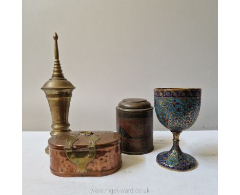 A vintage Kashmiri enamel and brass goblet, a Moradabad inlaid tobacco box and two other items of oriental metalware, tallest