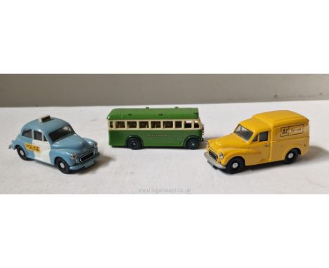 Toys: three vintage Corgi vehicles, all unboxed but with rubber wheels (AA, Police and a Southdown Bus).