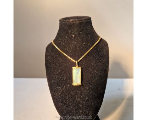 A most attractive art deco opal and diamond pendant mounted in 18 carat gold on a gold fine link chain, carat and  maker's ma