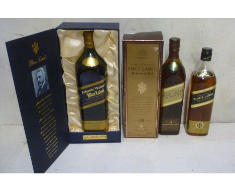 One bottle Johnnie Walker Centenary Blend 18 year old Scotch (boxed), one bottle Johnnie Walker Blue Label blended (boxed), o