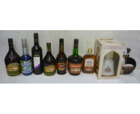 One litre and one bottle Baileys Irish Cream, one litre De Kuyper Cherry Brandy, one half bottle Bols Apricot Brandy, one 50c
